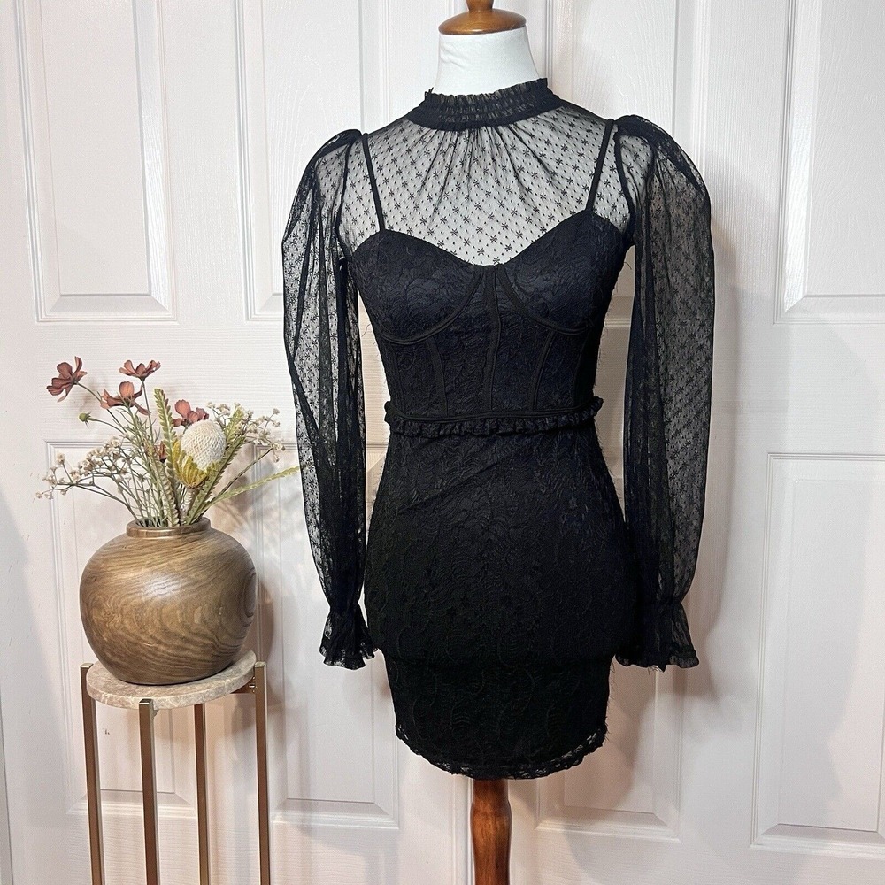 Windsor Womens Black Sheer High Neck Corset Bodycon Dress Sz XS Witchy Victorian